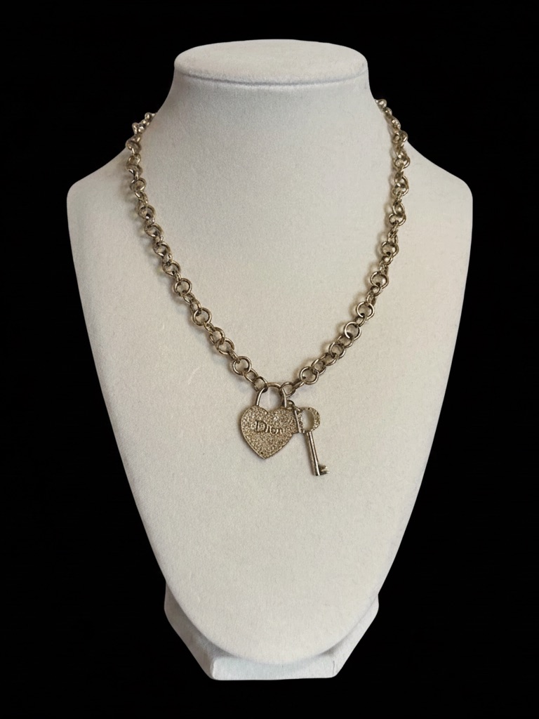 Dior Gold Heart & Key Crystal Pendant Chain Necklace